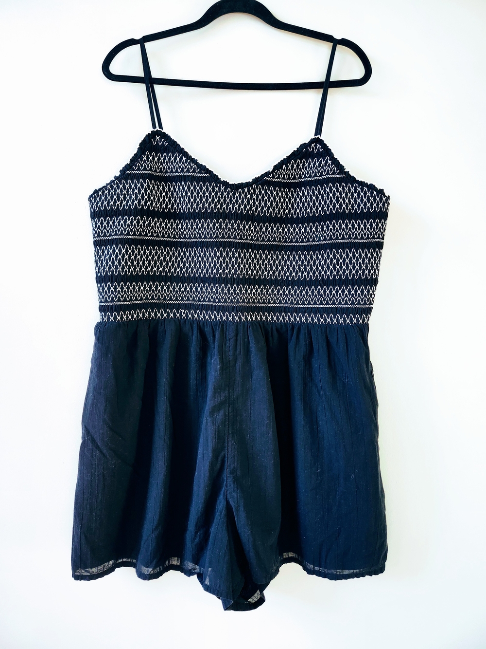 Black Smocked Romper with White Stitching
